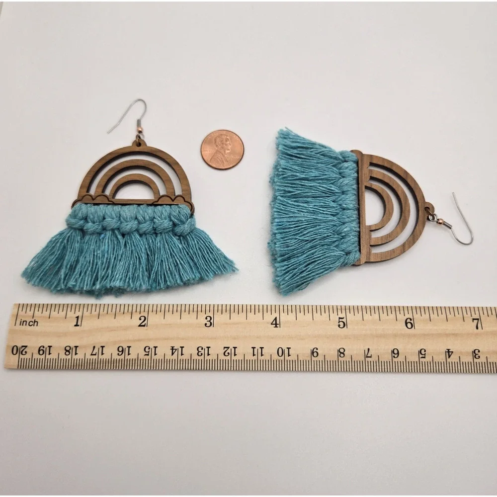 Tassel Earrings Turquoise Fringe Wood Dangle Southwestern Hippie Boho Maximalist